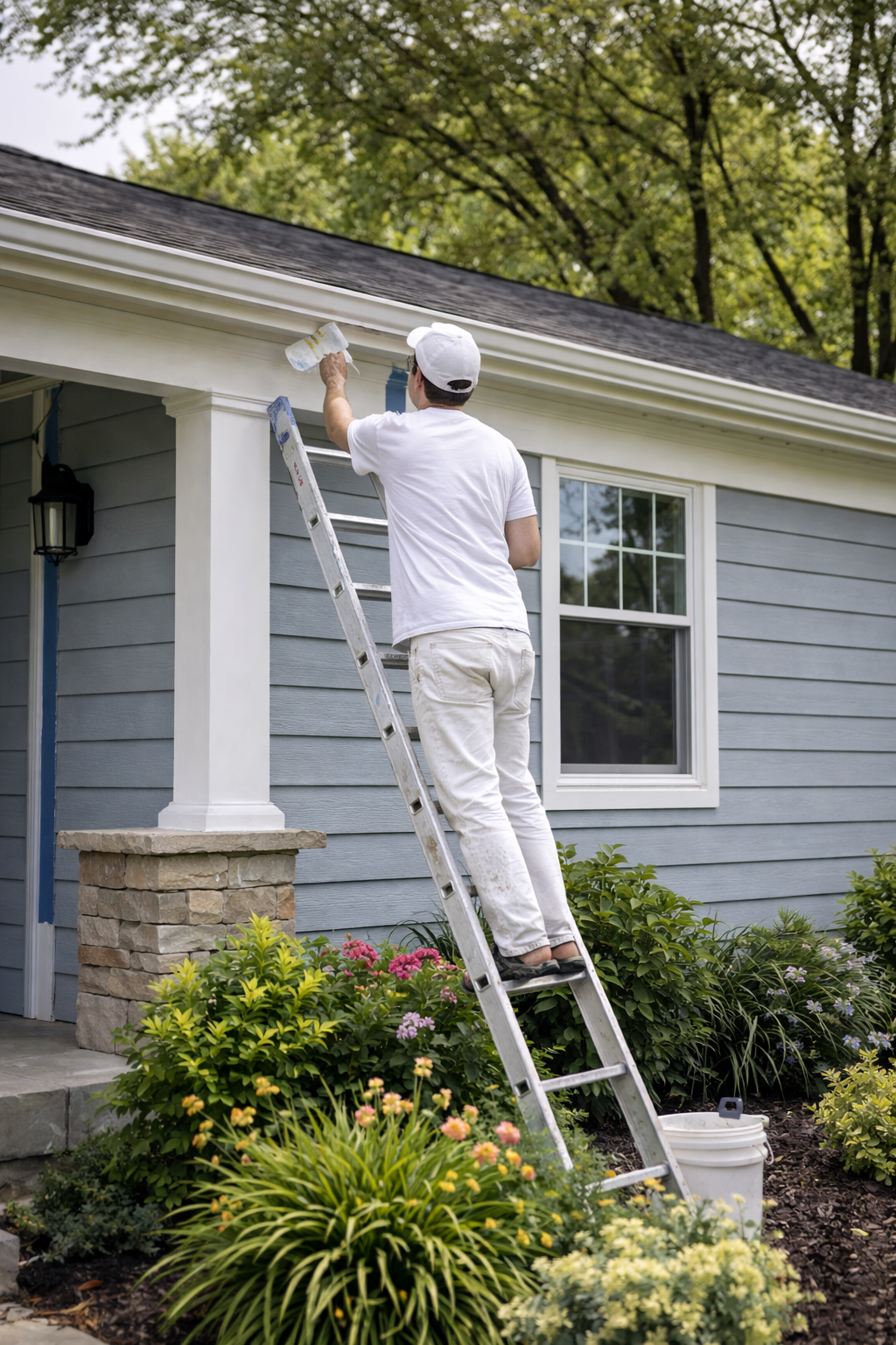 Fairfield OH painter applying trim detail coat on ladder
