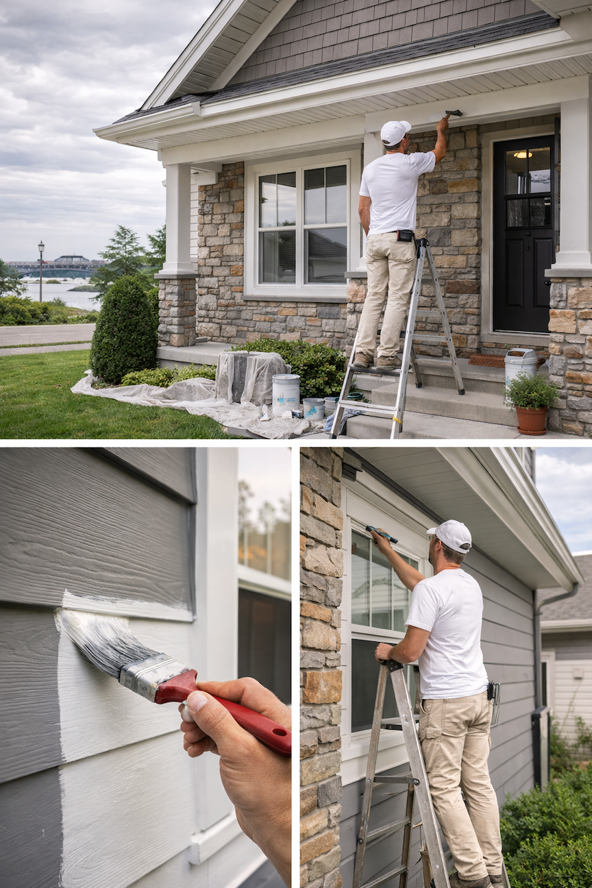 Hamilton OH painter applying trim detail coat on ladder